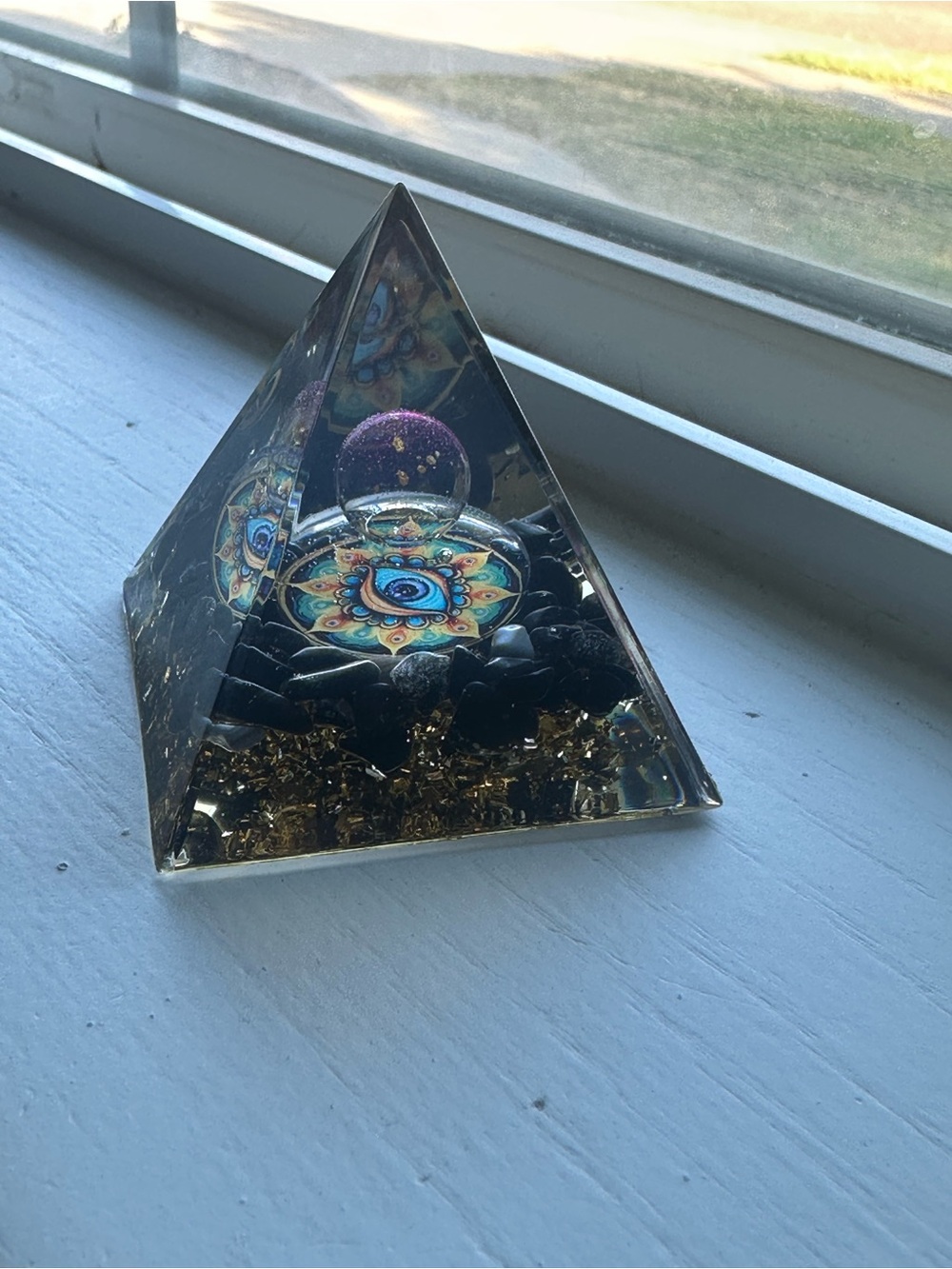 Clear Resin Pyramid with Multicolor Mandala Accent